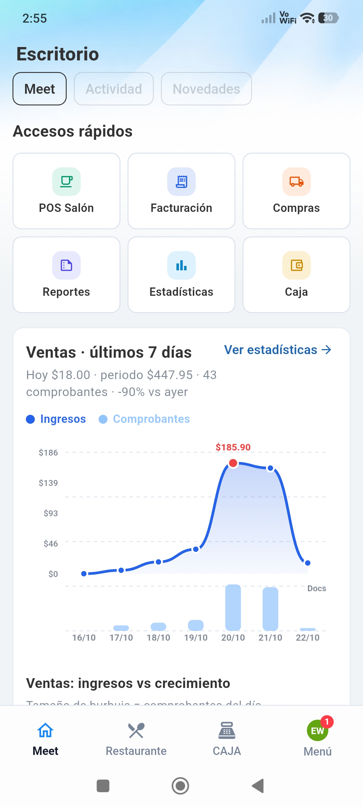 Escritorio de la app móvil Emex365 con ventas, POS y caja